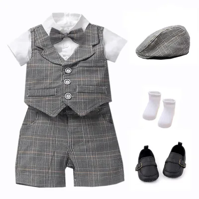 Boys Handsome Vest Romper Cotton Shorts Hat And Shoes 4-Piece Set