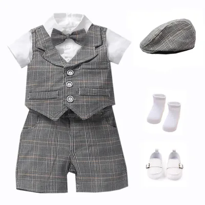 Boys Handsome Vest Romper Cotton Shorts Hat And Shoes 4-Piece Set