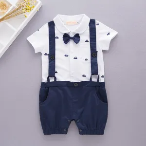 Boys Summer Boat Pattern Short-sleeved Rompers And Strappy Pants Set