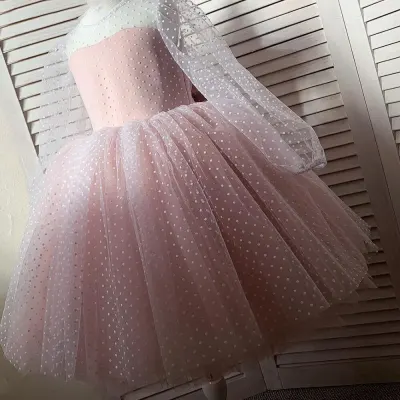Girls Polka Dot Lace Long Sleeve Puffy Princess Dress