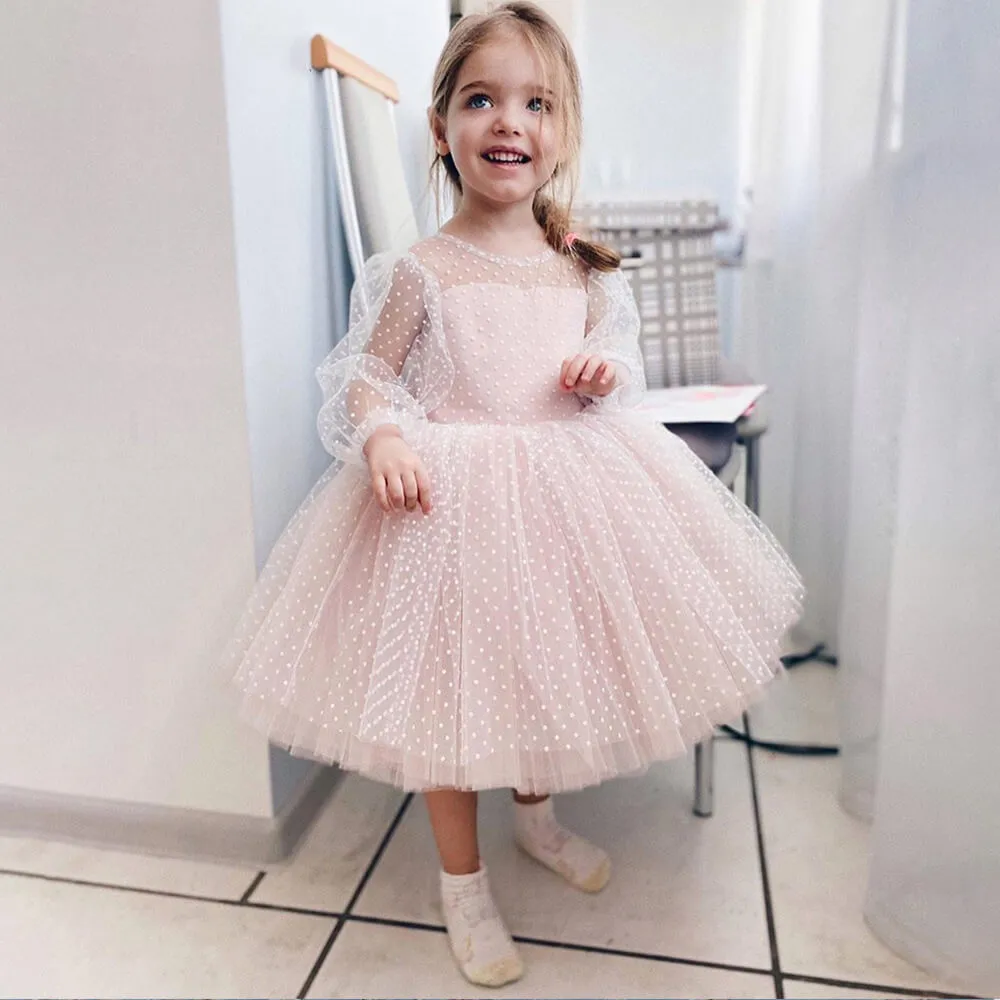 Girls Polka Dot Lace Long Sleeve Puffy Princess Dress