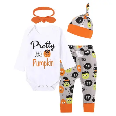 Kids Halloween Pumpkin Pattern Romper And Pants With Hat Set Unisex Cotton