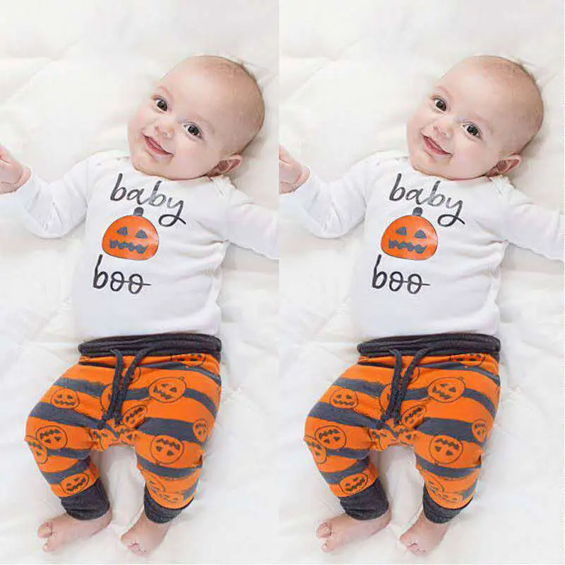 Kids Halloween Pumpkin Pattern Romper And Pants With Hat Set Unisex Cotton
