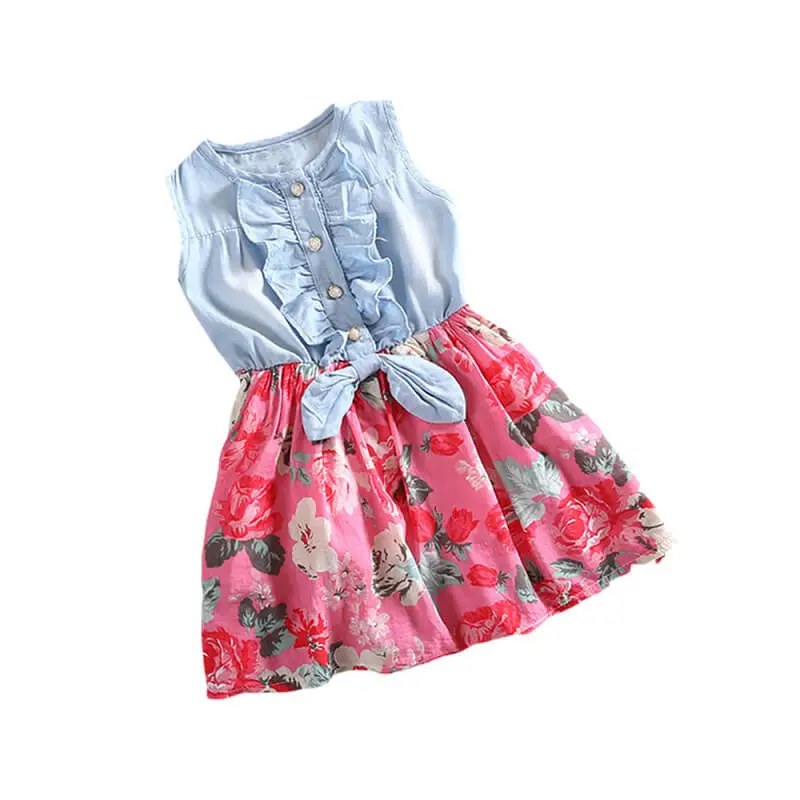 Girls Stringy Selvedge Design Flower Pattern Spliced Cotton Dress Sleeveless Princess Style
