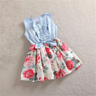 Girls Stringy Selvedge Design Flower Pattern Spliced Cotton Dress Sleeveless Princess Style