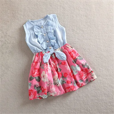 Girls Stringy Selvedge Design Flower Pattern Spliced Cotton Dress Sleeveless Princess Style