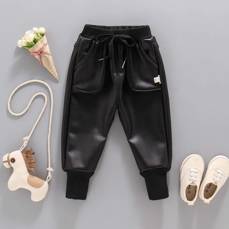 Boys Simple Solid Color PU Jogger Sports Pants for Baby Boys 0-3T