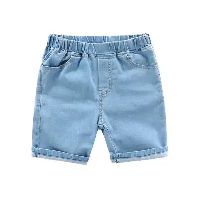 Boys Elastic Design Denim Bermuda Shorts, Mid Waist Solid Color