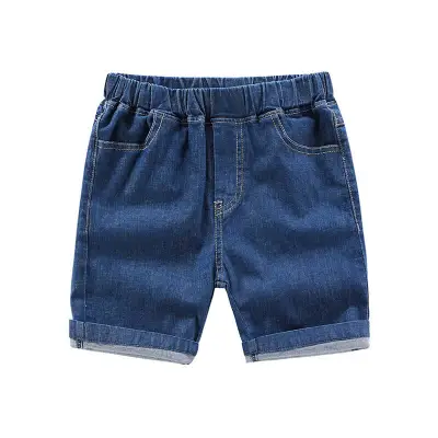 Boys Elastic Design Denim Bermuda Shorts, Mid Waist Solid Color