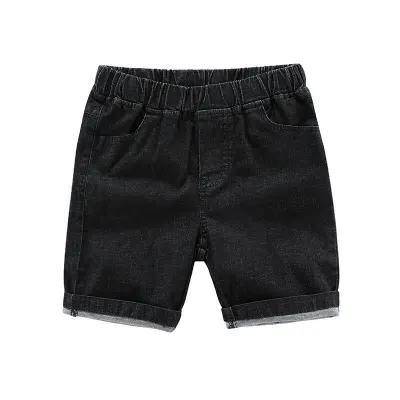 Boys Elastic Design Denim Bermuda Shorts, Mid Waist Solid Color