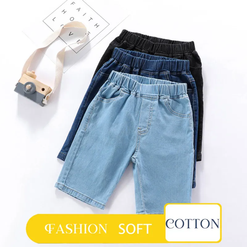 Boys Elastic Design Denim Bermuda Shorts, Mid Waist Solid Color