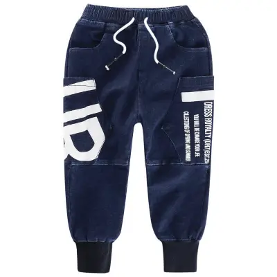 Boys Letter Pattern Elastic Design Jeans Long Denim