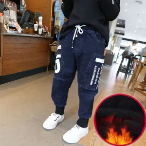 Boys Letter Pattern Elastic Design Jeans Long Denim