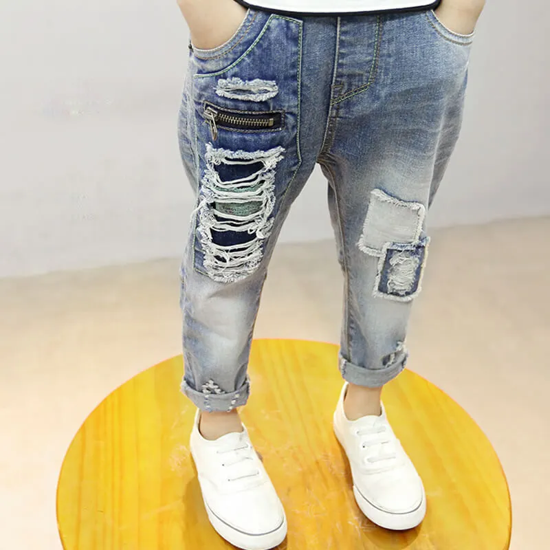 Boys Fashion Hole Zipper Design Denim Pants Long Cotton Jeans