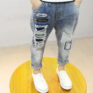 Boys Fashion Hole Zipper Design Denim Pants Long Cotton Jeans