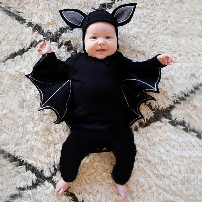 Baby Halloween Bat Pattern Long Sleeve Hooded Jumpsuit