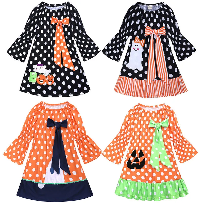 Girls Halloween Polka Dot Bow Ruffled Long Sleeve Dress Cotton Blend