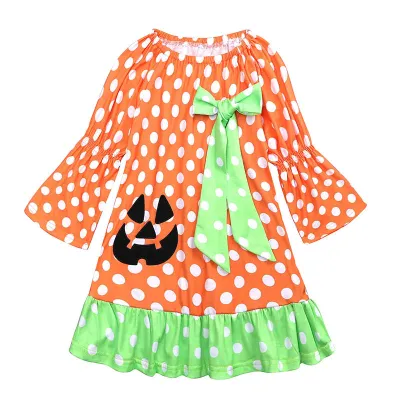Girls Halloween Polka Dot Bow Ruffled Long Sleeve Dress Cotton Blend