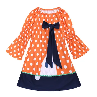 Girls Halloween Polka Dot Bow Ruffled Long Sleeve Dress Cotton Blend