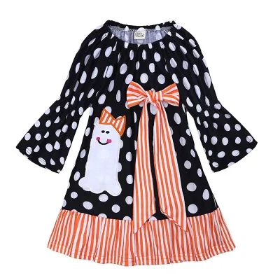 Girls Halloween Polka Dot Bow Ruffled Long Sleeve Dress Cotton Blend