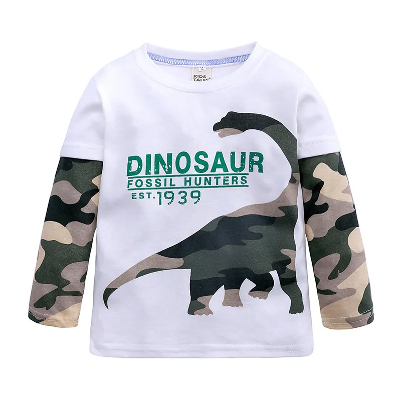 Boys Dinosaur Print Camouflage Long Sleeve Round Neck Cotton T-Shirt