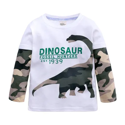 Boys Dinosaur Print Camouflage Long Sleeve Round Neck Cotton T-Shirt