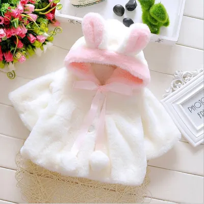 Baby Girls Winter Warm Rabbit Ear Hooded Jacket with Cotton Lining
