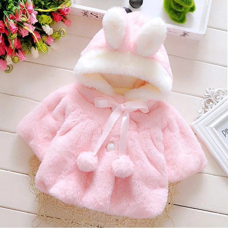 Baby Girls Winter Warm Rabbit Ear Hooded Jacket with Cotton Lining