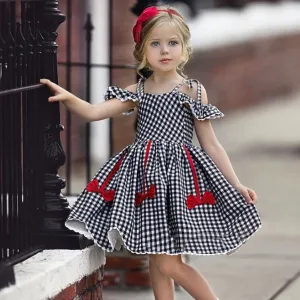 Girls Fashion Bow Decoration Lace Plaid Dress