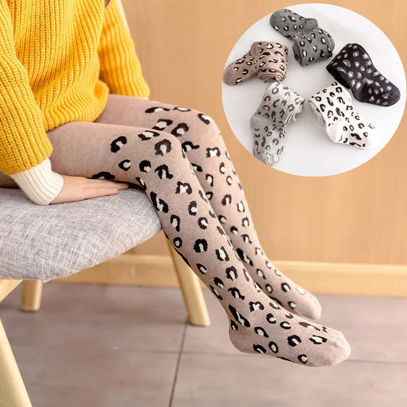 Girls Fashion Leopard Print Knitted Combed Cotton Pantyhose