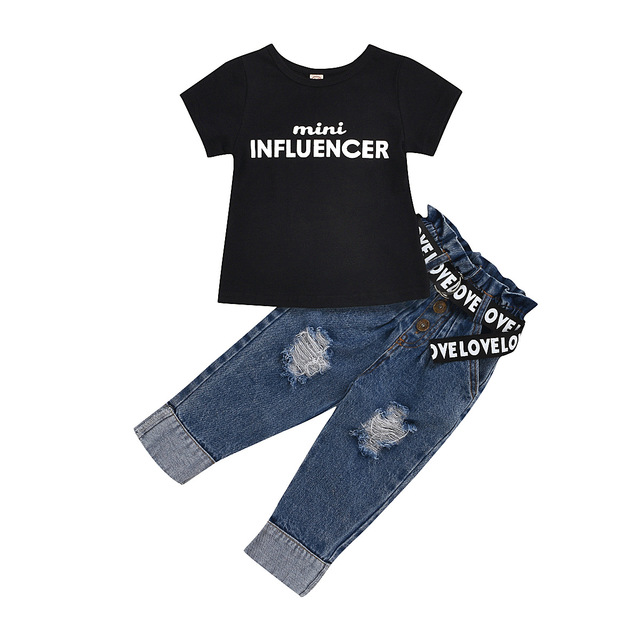 Wholesale Girls Short Sleeve T-Shirt And Ripped Jeans With