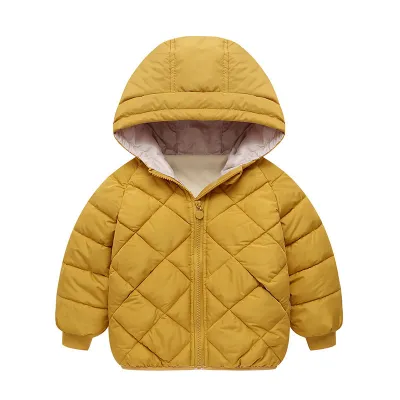Winter Kids Rhombus Pattern Long-Sleeve Hooded Coat Unisex Nylon Thicken Zip