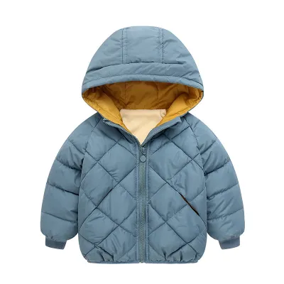 Winter Kids Rhombus Pattern Long-Sleeve Hooded Coat Unisex Nylon Thicken Zip