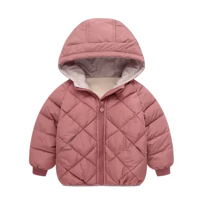 Winter Kids Rhombus Pattern Long-Sleeve Hooded Coat Unisex Nylon Thicken Zip