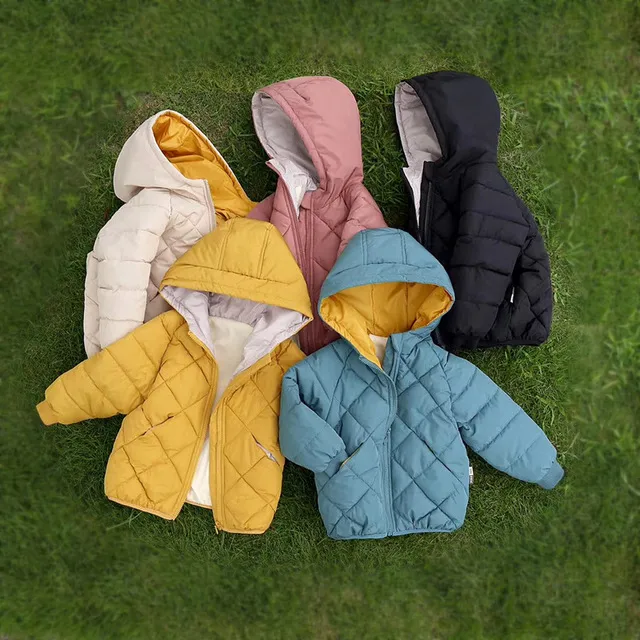 Winter Kids Rhombus Pattern Long-Sleeve Hooded Coat Unisex Nylon Thicken Zip