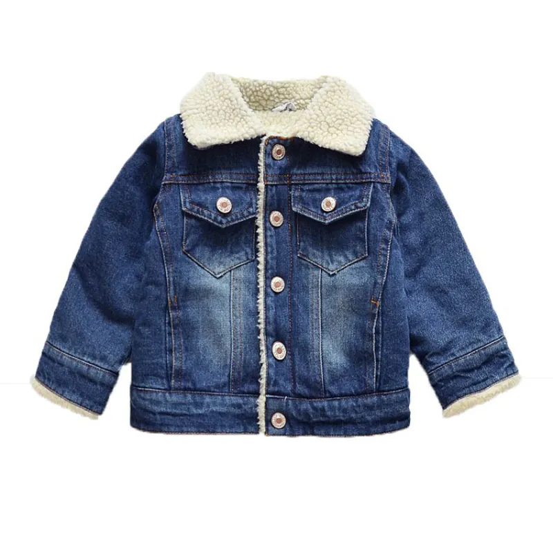 Kids Long-sleeve Lapel Denim Coat for Baby Boys 0-3T Solid Color Fleece Lined
