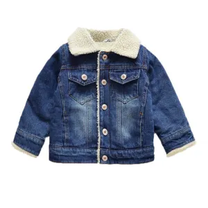 Kids Long-sleeve Lapel Denim Coat for Baby Boys 0-3T Solid Color Fleece Lined