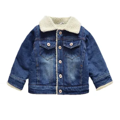 Kids Long-sleeve Lapel Denim Coat for Baby Boys 0-3T Solid Color Fleece Lined