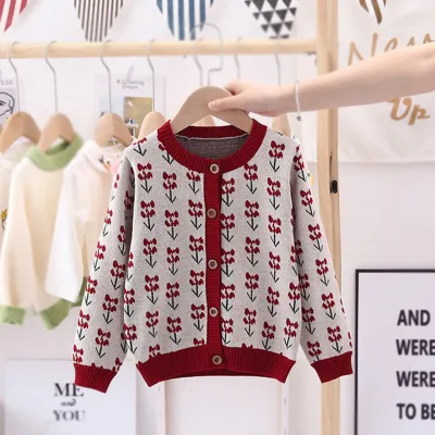 Girls Flower Pattern Single Row Button Knitwear Cotton Crew Neck Long Sleeves Top