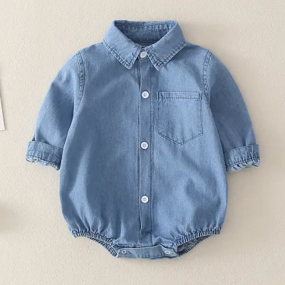 Kids Lapel Single Row Button Solid Color One Piece Cotton Rompers Long Sleeve