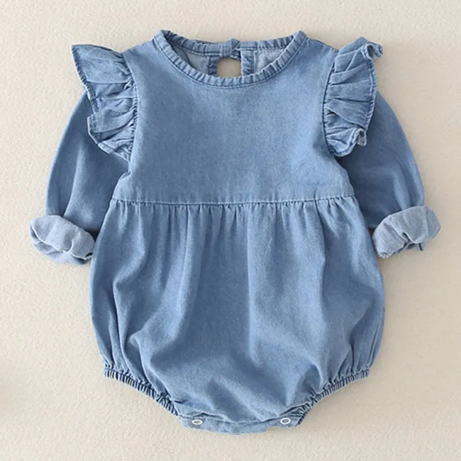 Kids Lapel Single Row Button Solid Color One Piece Cotton Rompers Long Sleeve