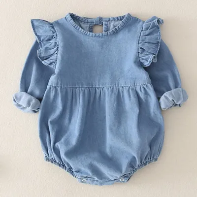 Kids Lapel Single Row Button Solid Color One Piece Cotton Rompers Long Sleeve