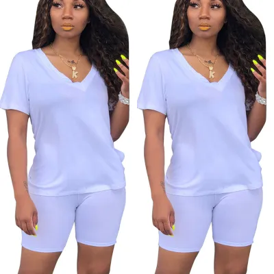 S-3XL Women Short-sleeve Solid Color Tee And Tight Shorts Two-pieces Set