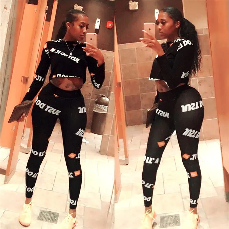 S-2XL Women Long-sleeve Letter Printed T-shirt And Pencil Pants Two-piece Set