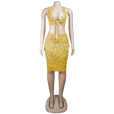 S-2XL Women Sleeveless Cropped Top And Leopard Print Skirt Two-Piece Set