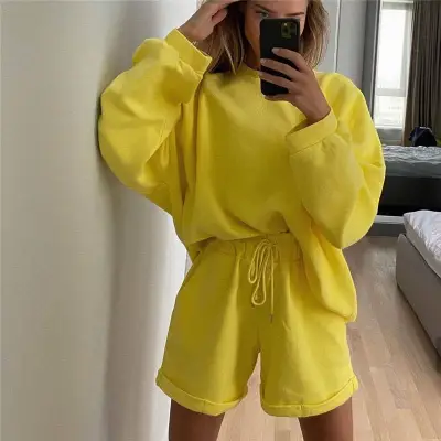 S-XL Women Solid Color Long Sleeve Sweatshirt Drawstring Shorts Two Piece Set