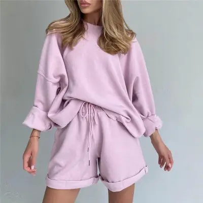 S-XL Women Solid Color Long Sleeve Sweatshirt Drawstring Shorts Two Piece Set