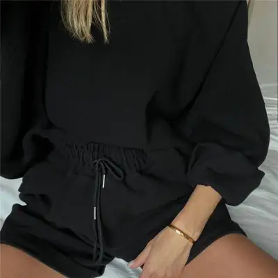 S-XL Women Solid Color Long Sleeve Sweatshirt Drawstring Shorts Two Piece Set