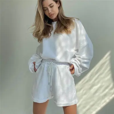 S-XL Women Solid Color Long Sleeve Sweatshirt Drawstring Shorts Two Piece Set