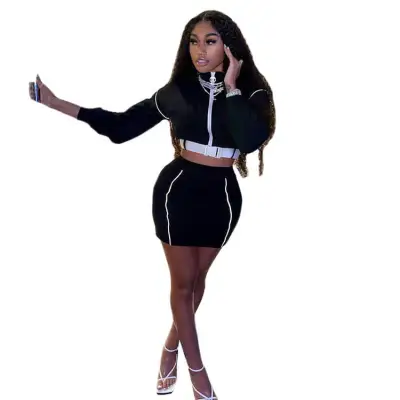S-2XL Women Fashion Color Blocking Turtle Neck Zipper Top And Skirt Two Pieces Set